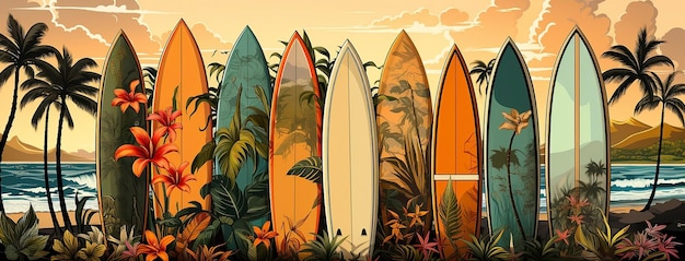 set of different color surfboards rest on the evening beach