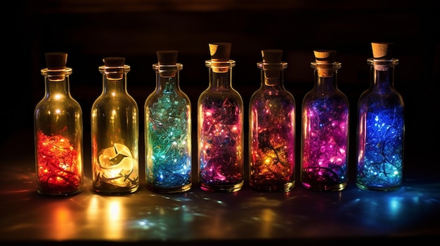 ネオンの光で暗い背景にガラスの形をした色とりどりの星が付いた色々な色のボトルのセット