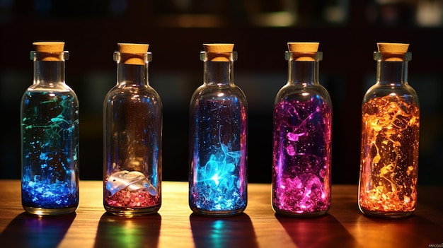 ガラスの形状のカラフルな星が付いた色々な色のボトルのセット