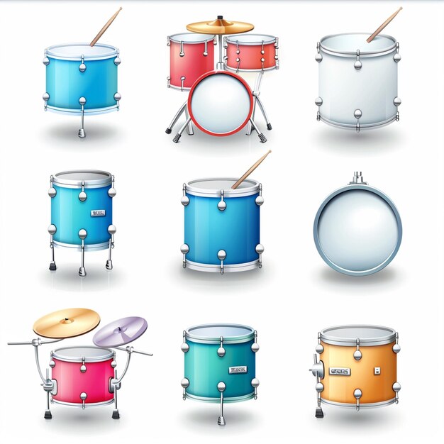 Photo a set of different colored drums with different colors and a blue and red band