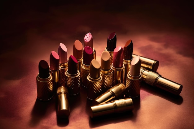 Set of different colored lipstick on dark background