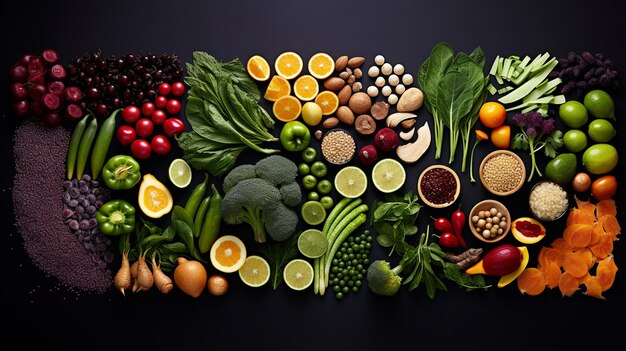 set of different colorful fruits vegetables and berries on a black background top view