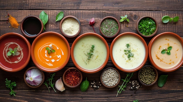 set of different colorful soup in bowls on wooden background