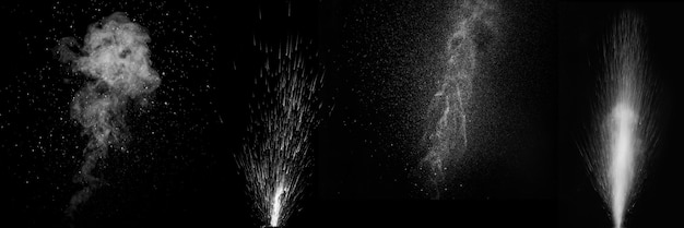 Set of different curly white steam and splashing water
splashing isolated on black background abstract background design
element evaporation of liquid and condensation