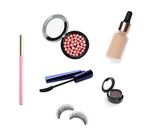 Set of different decorative cosmetics on white background