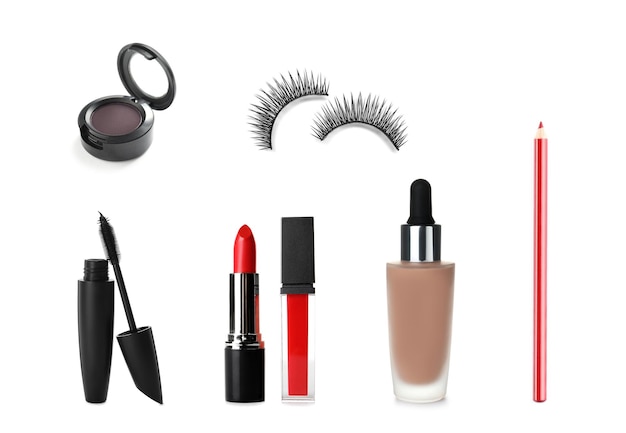 Set of different decorative cosmetics on white background