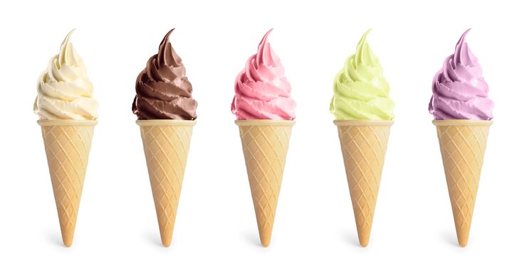 Photo set of different delicious soft serve ice creams in crispy cones on white background