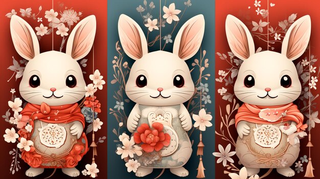 set of different easter bunny with flowers