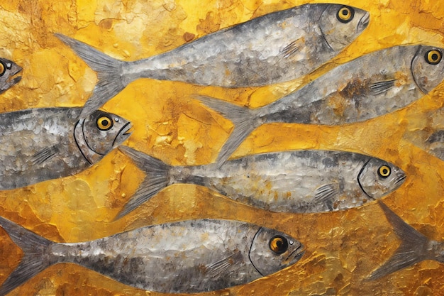 Set of different fish on a yellow background Artistic illustration