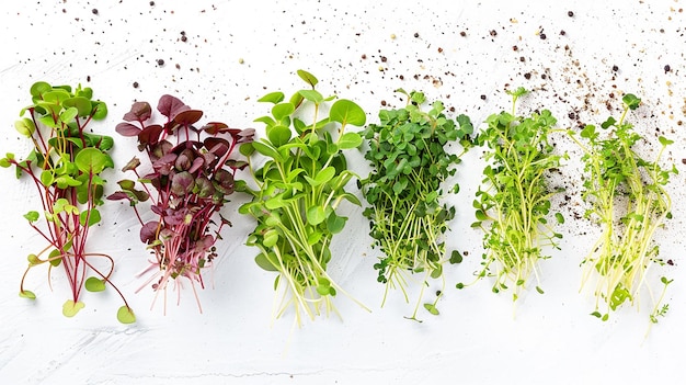 Photo set of different fresh microgreens on white background