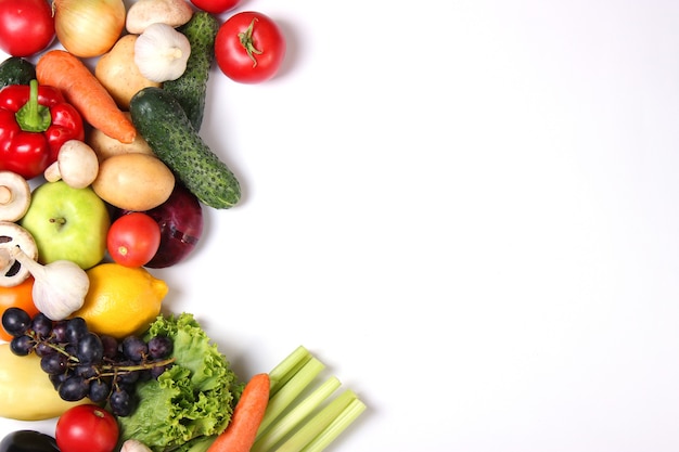 Set of different fresh vegetables on a white background top view