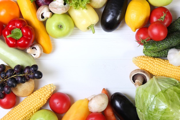 Set of different fresh vegetables on a white background top view