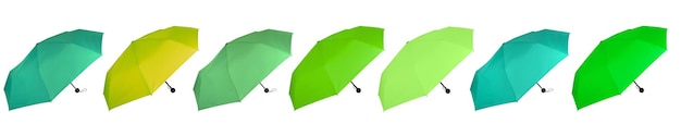 Set of different green colors umbrellas isolated on white background Side view