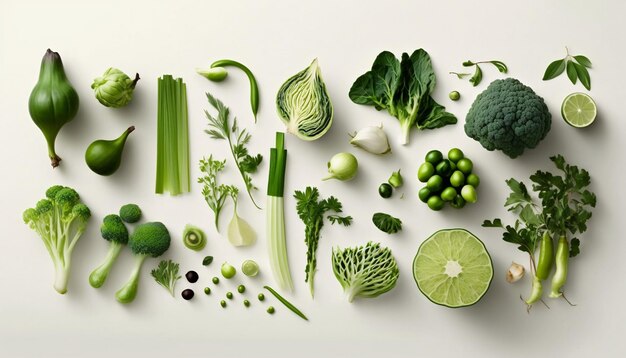 Set of different green vegetables on white background Healthy food flat lay Ai generative