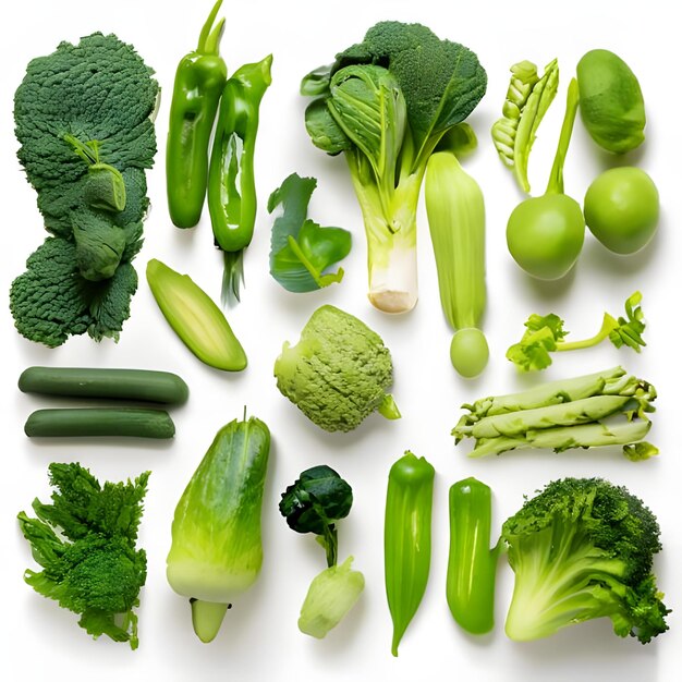 Set Different Green Vegetables White Background Healthy Food Flat Lay