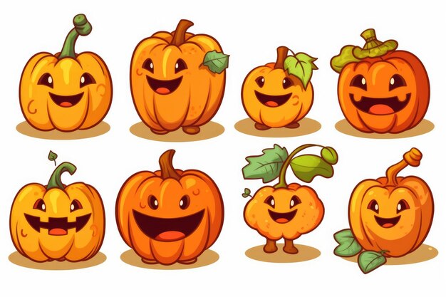 Photo set of different halloween pumpkins on light background