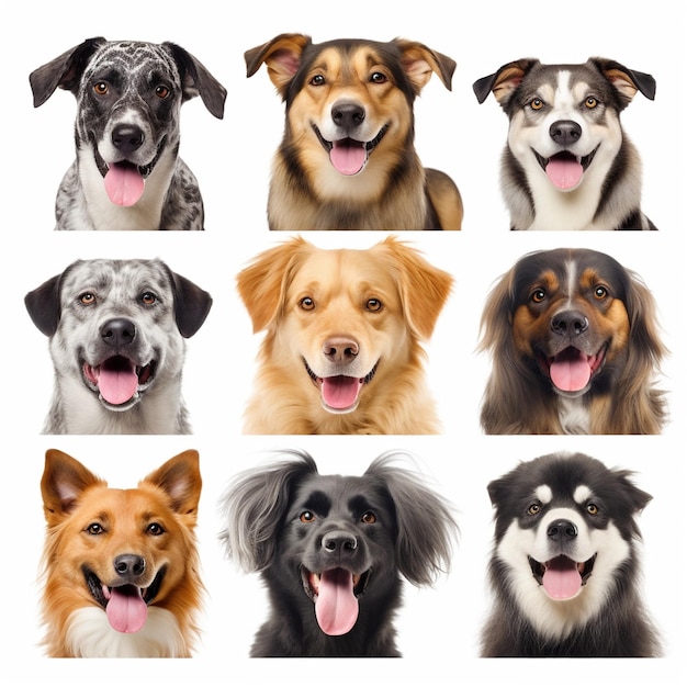 Set of different happy dogs portraits isolated on white background created with generative AI