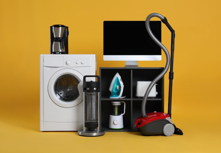 Photo set of different home appliances with vacuum cleaner on yellow background