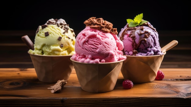 Set of different ice creams in a waffle cone on a wooden background