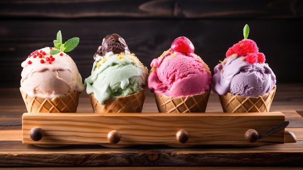 Set of different ice creams in a waffle cone on a wooden background