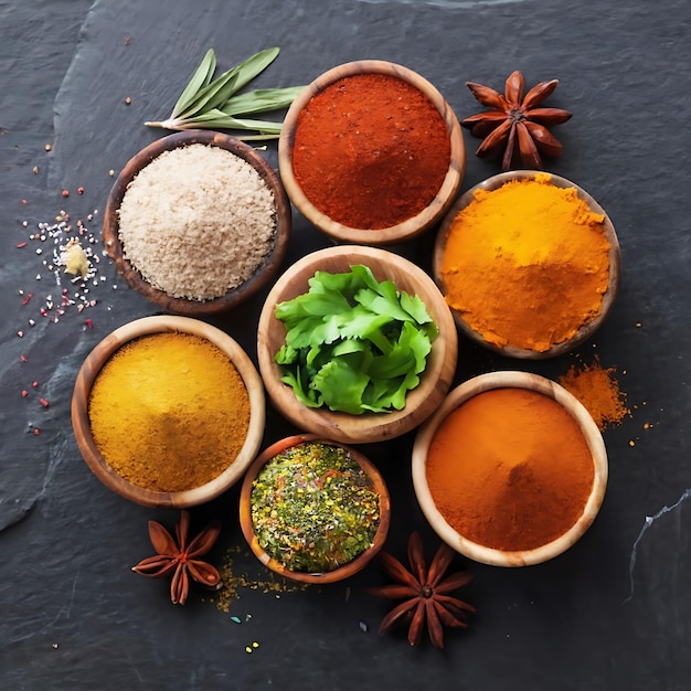 Photo set of different indian spices for meny food tasty