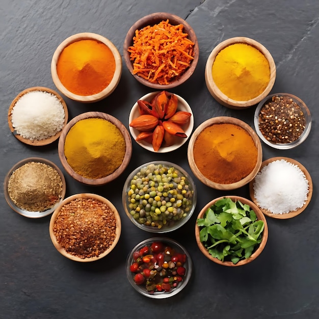 Photo set of different indian spices for meny food tasty