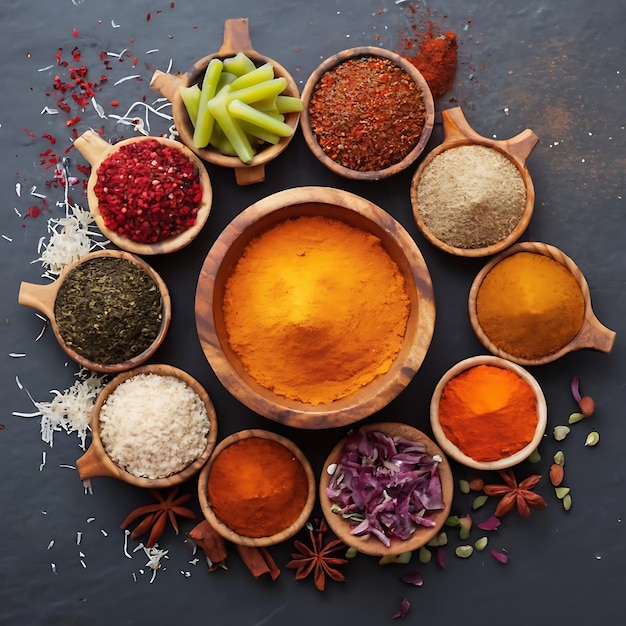 Set of different indian spices for meny food tasty