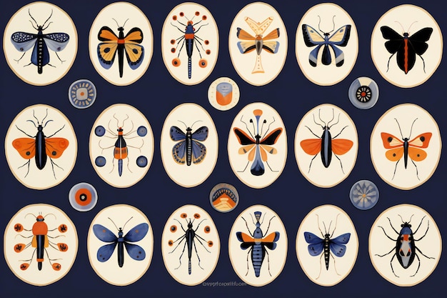 Set of different insects illustration in flat style on dark background