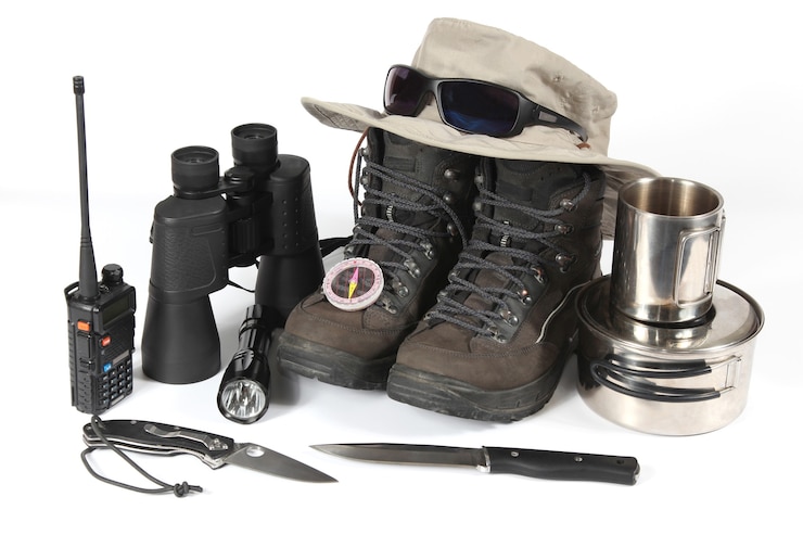 Photo the set of different items for hiking