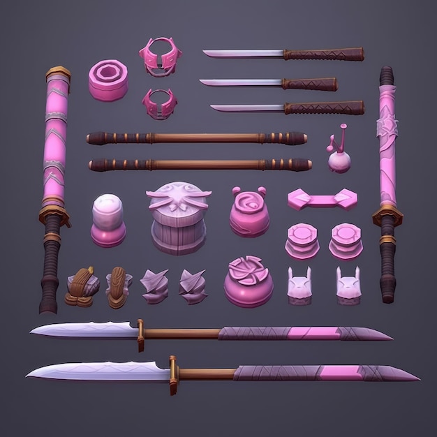 Набор различных предметов, включая меч и нож.