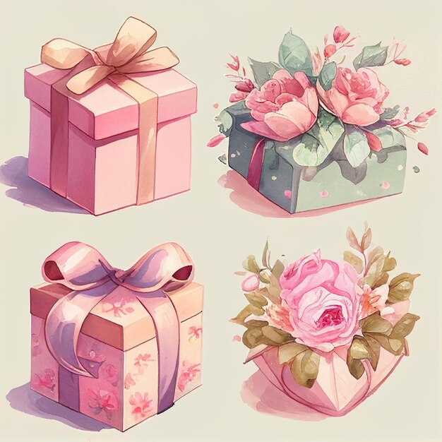 Set of different kinds of gifts stylization paint watercolor Generative AI