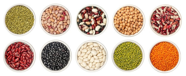 Set of different legumes in bowl isolated on white background with clipping path.