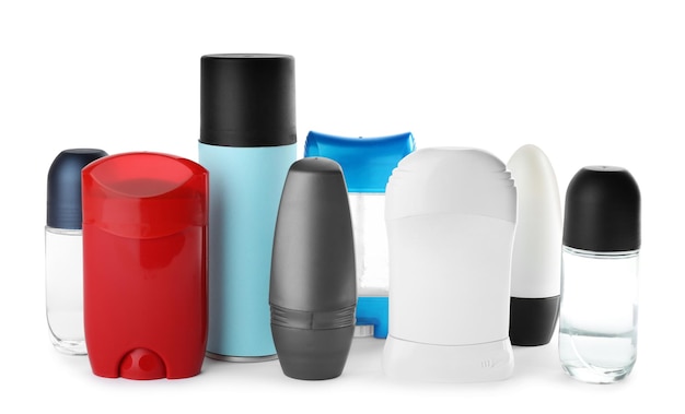 Set of different male deodorants on white background