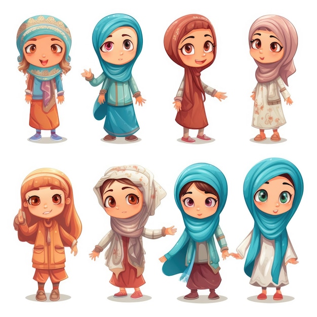 Set of different multipose muslim kids illustration isolated on white background hand draw style