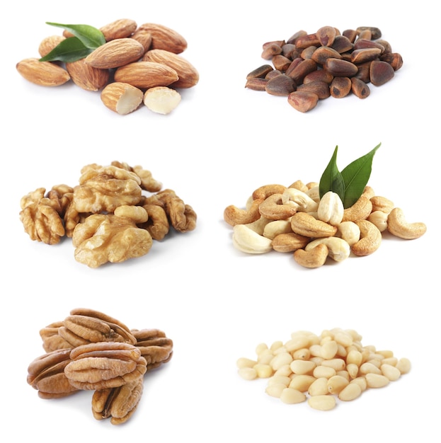 Set of different nuts on white background
