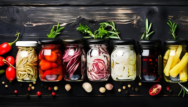 Set of different pickled food On black rustic background