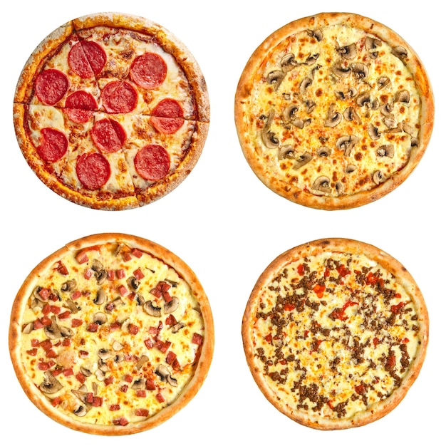 Set of different pizzas collage isolated on white