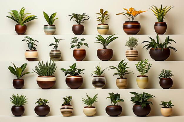 set of different potted plants on beige background flat lay