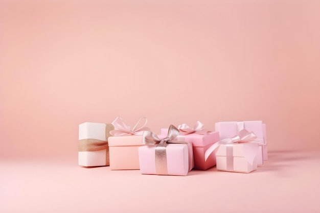 Paslet ピンクの背景のギフト カード ギフトまたは休日の概念バナーに別のプレゼント ボックスのセット