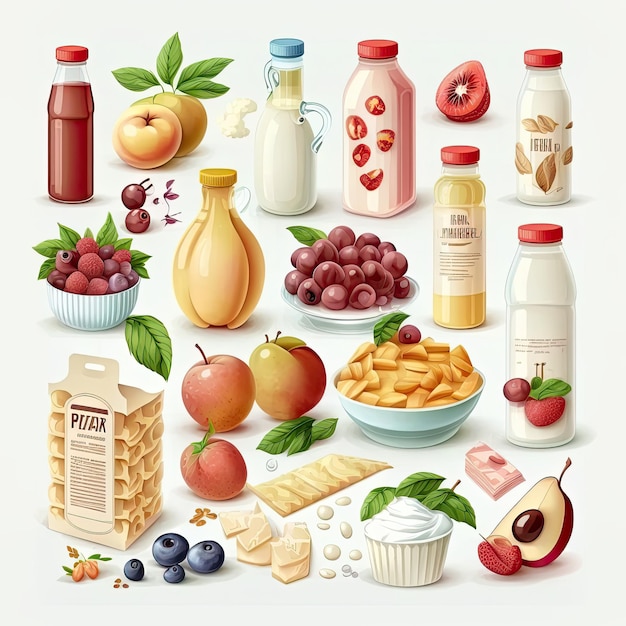 Set of different products isolated on a white background Meals and fruits Generative AI