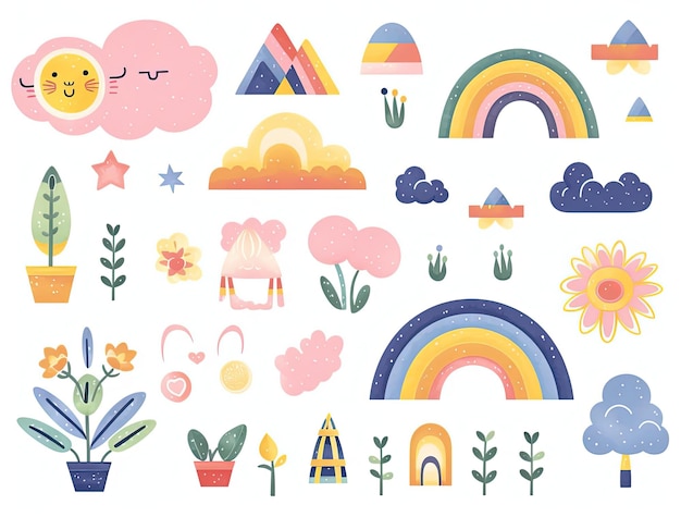 a set of different rainbow items in the style of soft and dreamy depictions