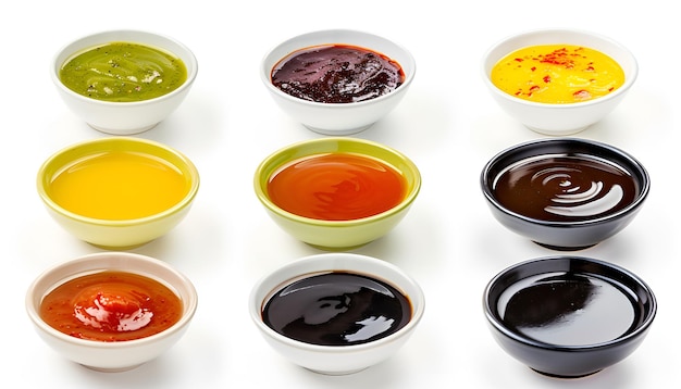 Photo set of different sauces in bowls isolated on white background