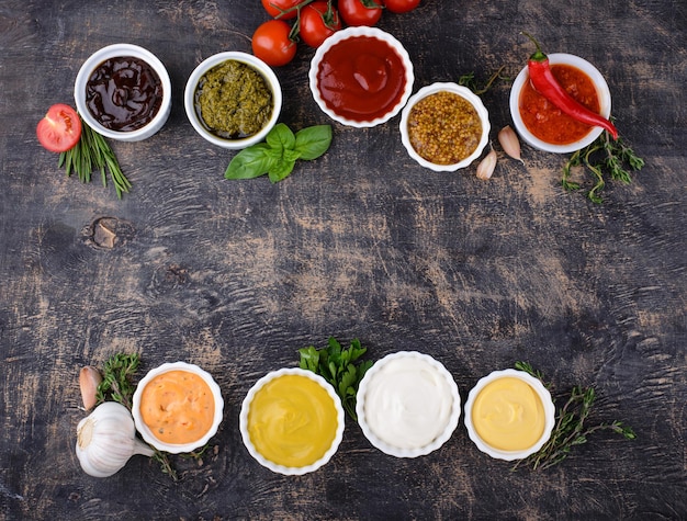 Set of different sauces ketchup mustard and mayonnaise