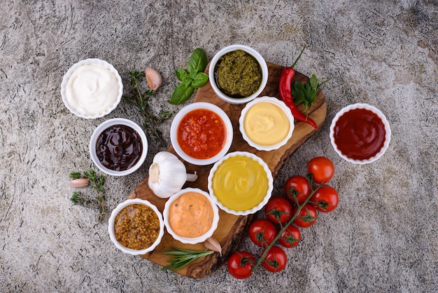 Set of different sauces Ketchup mustard and mayonnaise