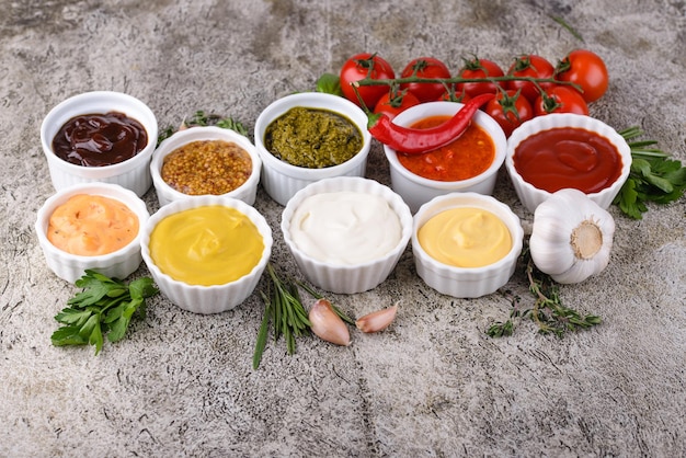 Set of different sauces Ketchup mustard and mayonnaise