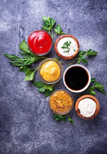 Set of different sauces and spices