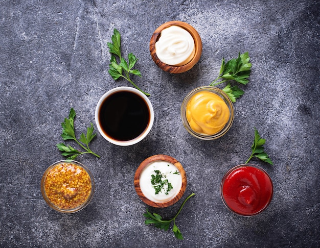 Set of different sauces and spices