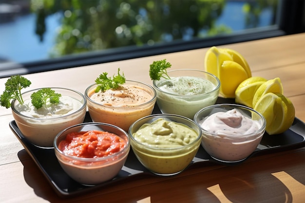 Photo set of different sauces on window seat top view