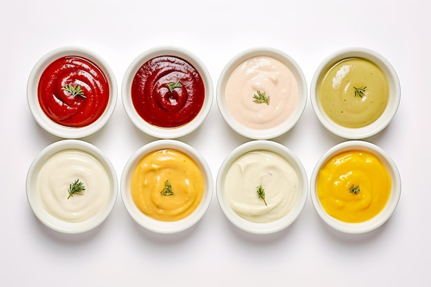 Premium AI Image | Set of different sauces with names on white ...