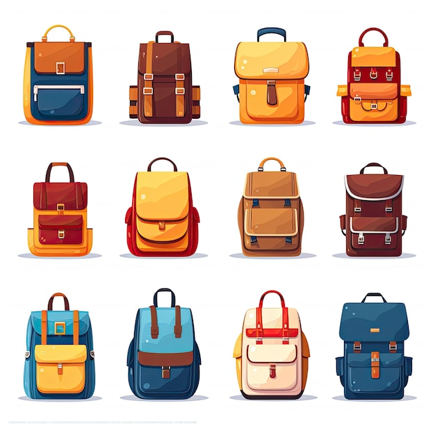 Set of different school backpacks isolated on white background Vector illustration